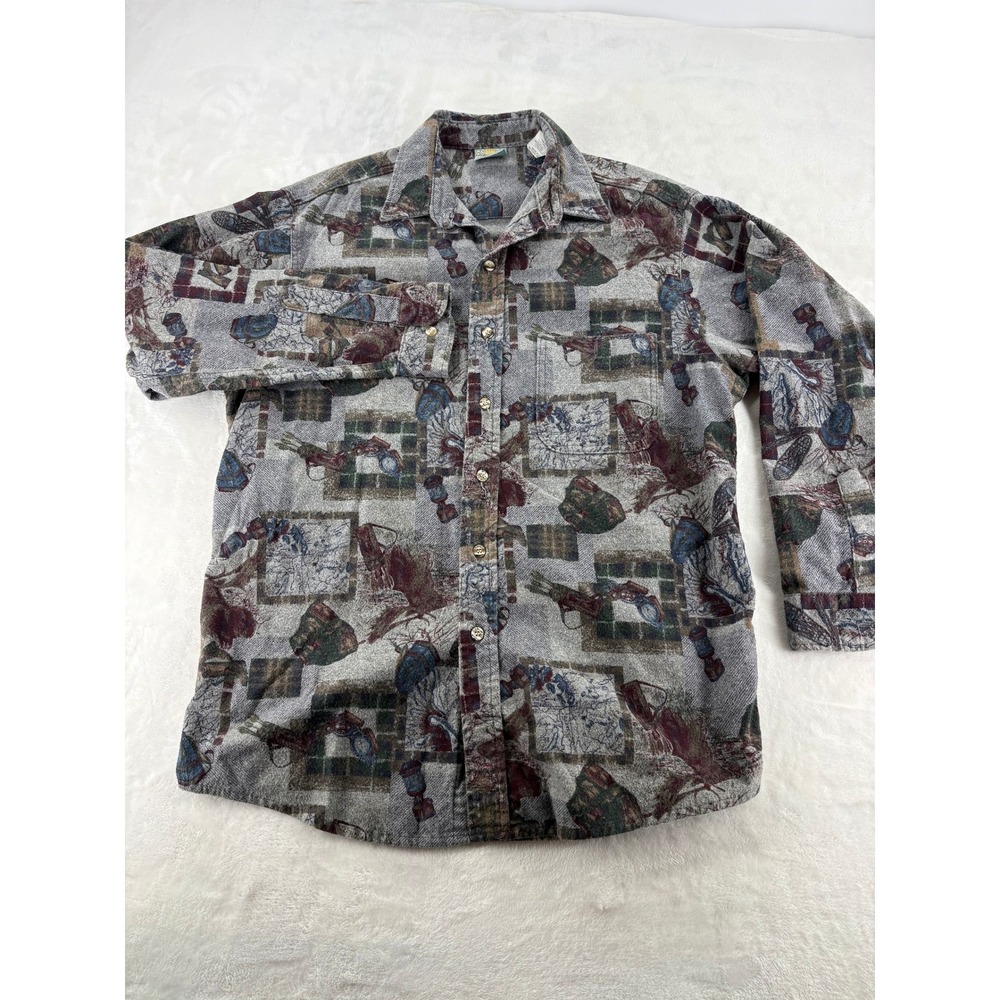 Ozark Wilderness Button Up Mens L Flannel Gray Golf Print USA Made 8092